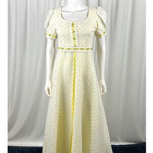 Vintage 1960’s Eyelet Floral Lace Maxi Dress in White + Yellow • Gown - XS/S